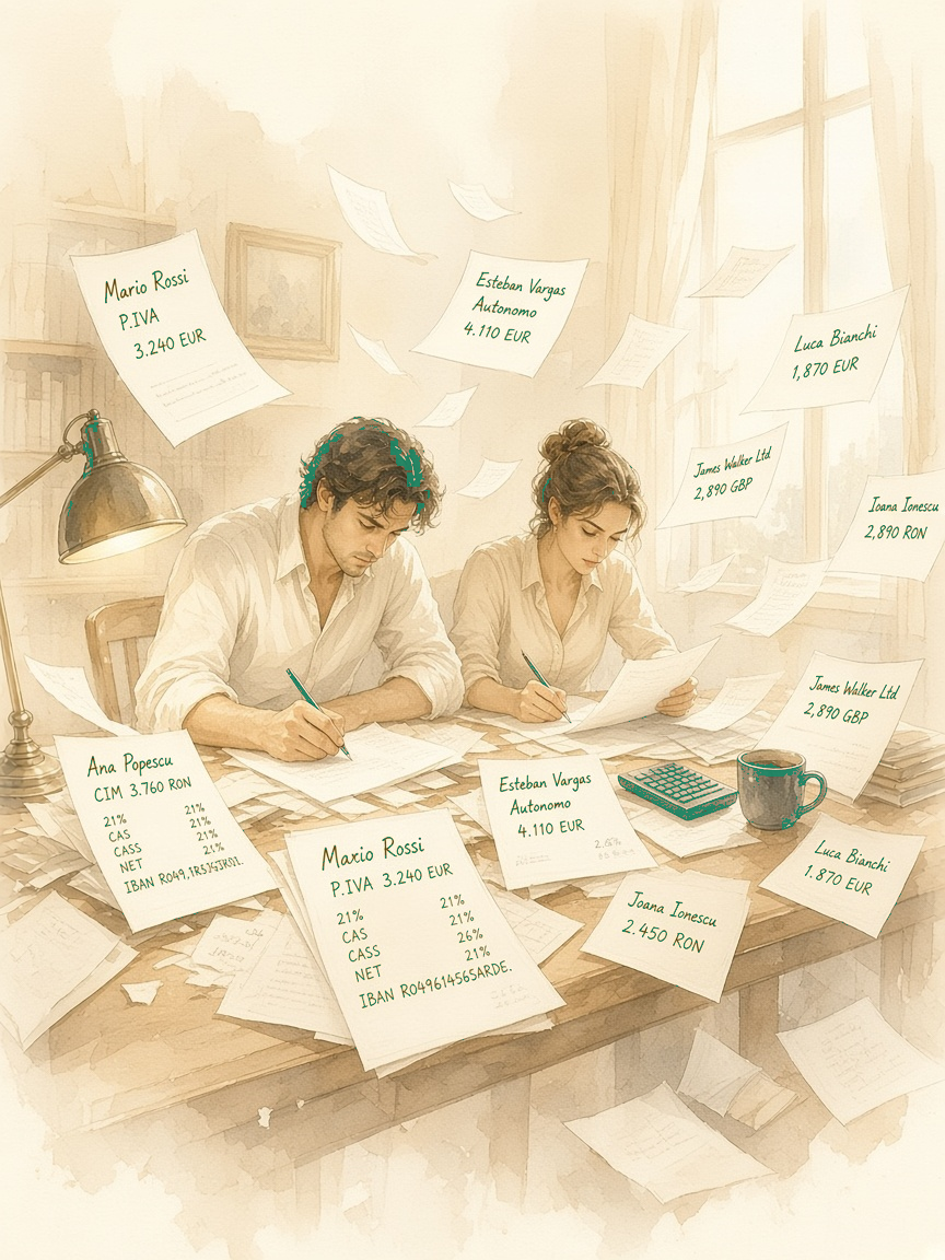 A man and a woman calculating payroll on paper sheets flying around, with invented courier names and amounts.
