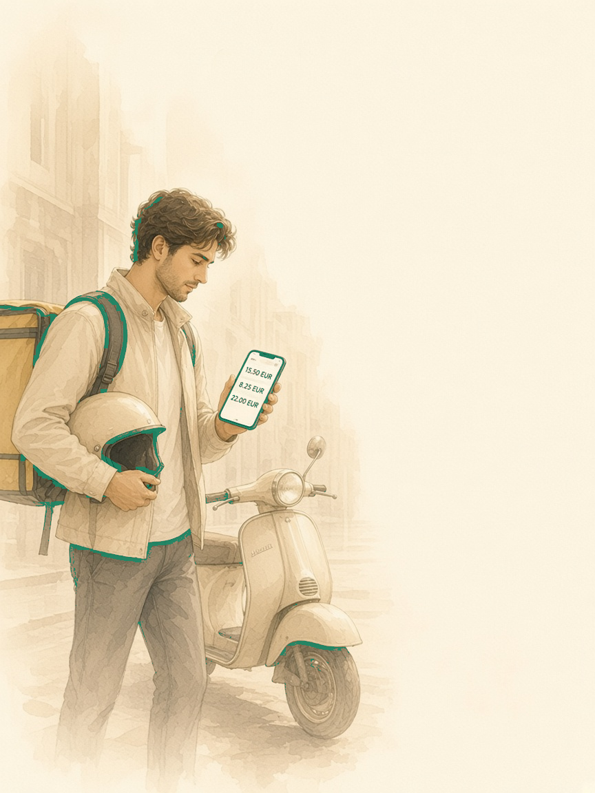 Courier with scooter and helmet checking earnings in the Core Fleet Control app on the phone.