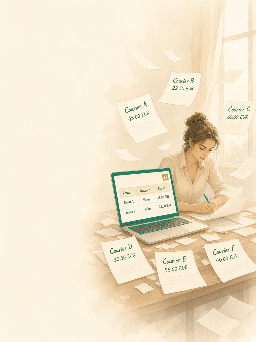 Woman at a desk using Core Fleet Control on the computer, with payroll sheets around her.