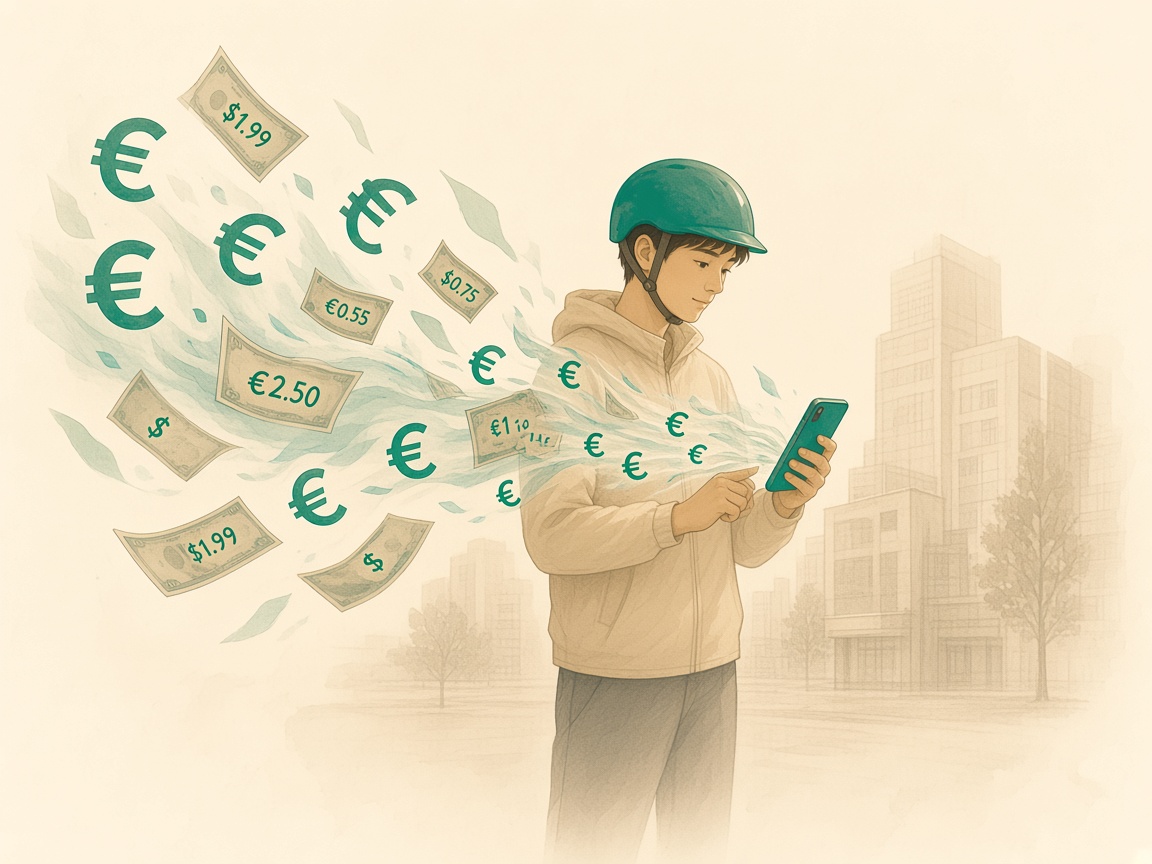 Dollars and euros flying toward a rider’s phone.