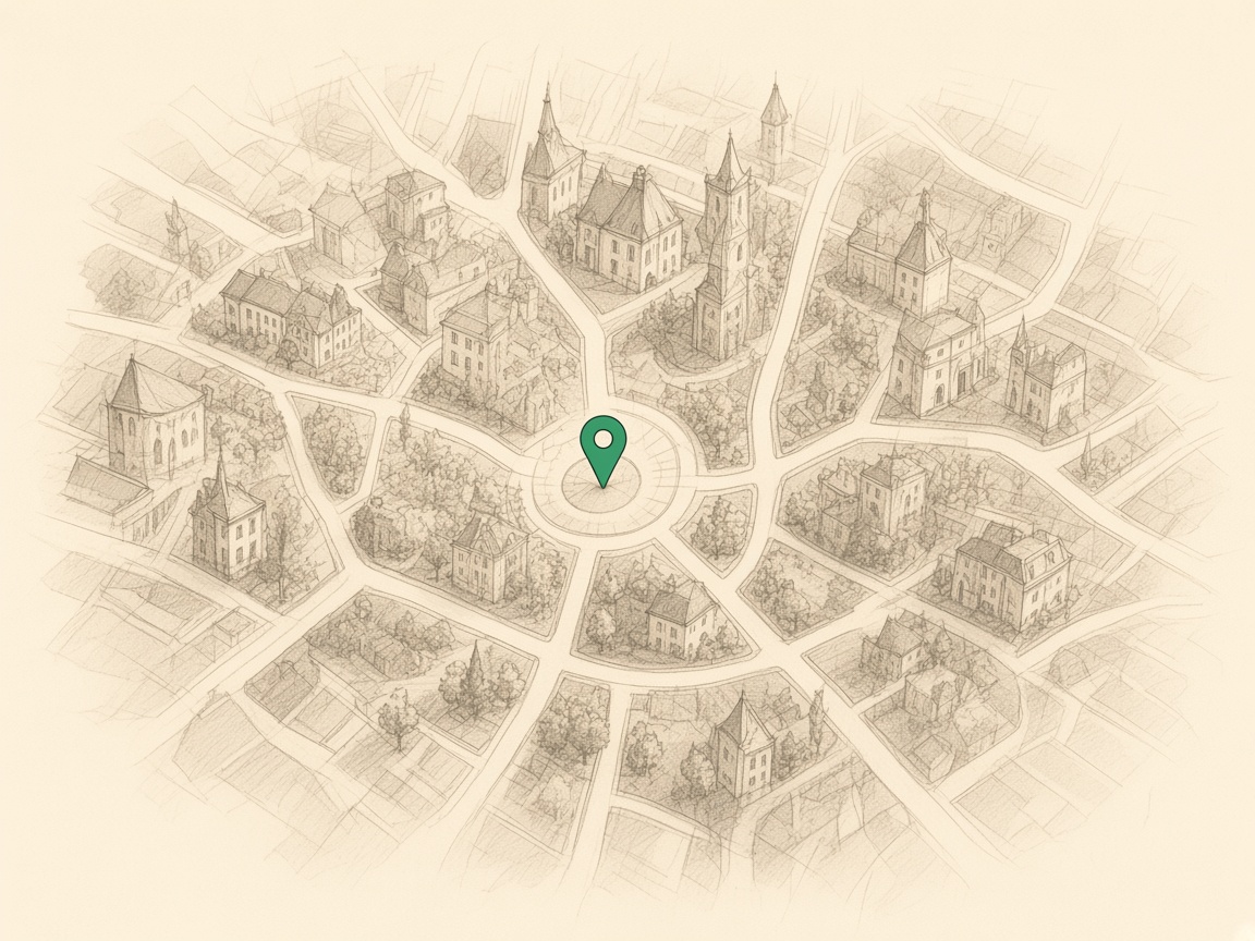 Pine-green pin on a map.