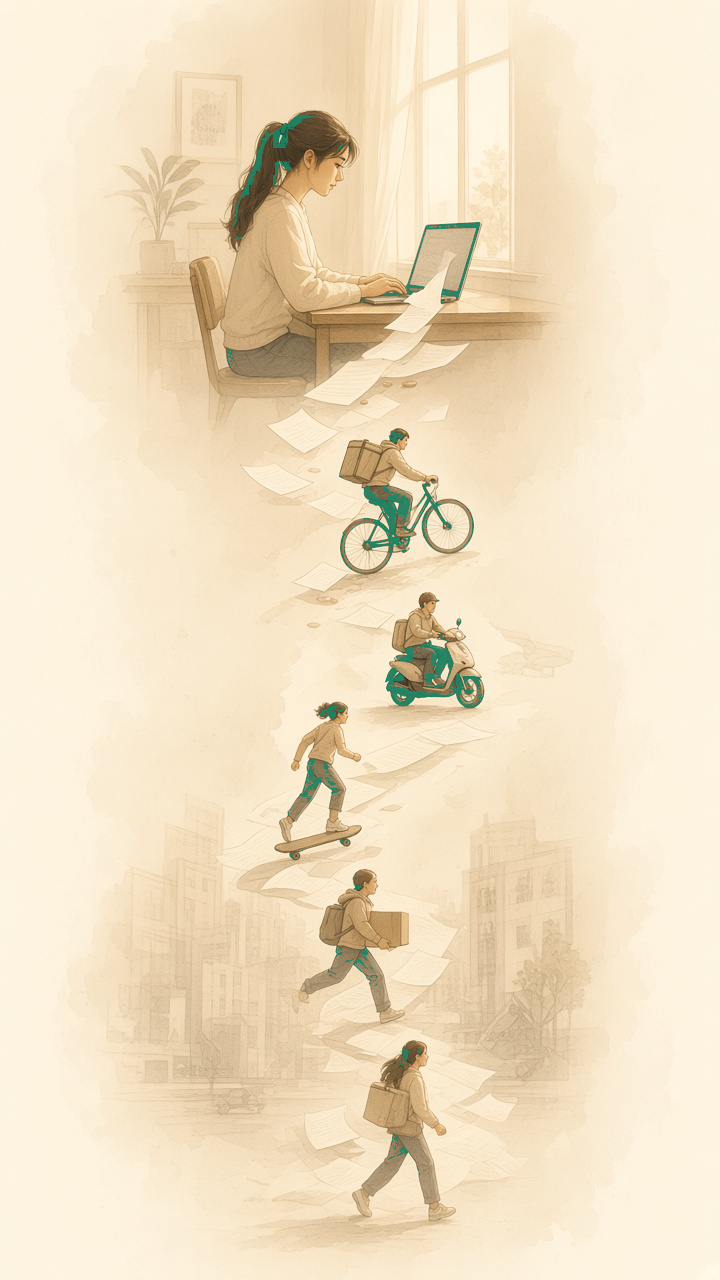 A woman at a laptop and a path of papers flowing down to couriers on a bicycle, a scooter and on foot, in the light paper drawing.